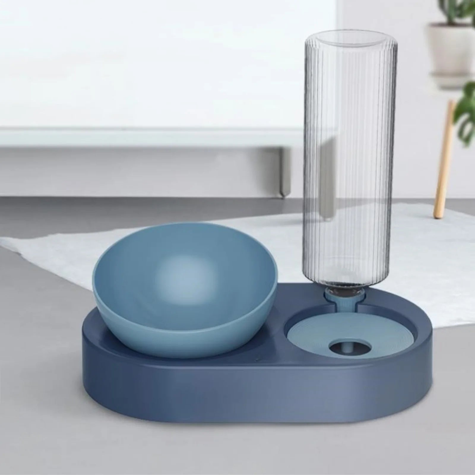 PawSip blue food and water bowl with raised base design