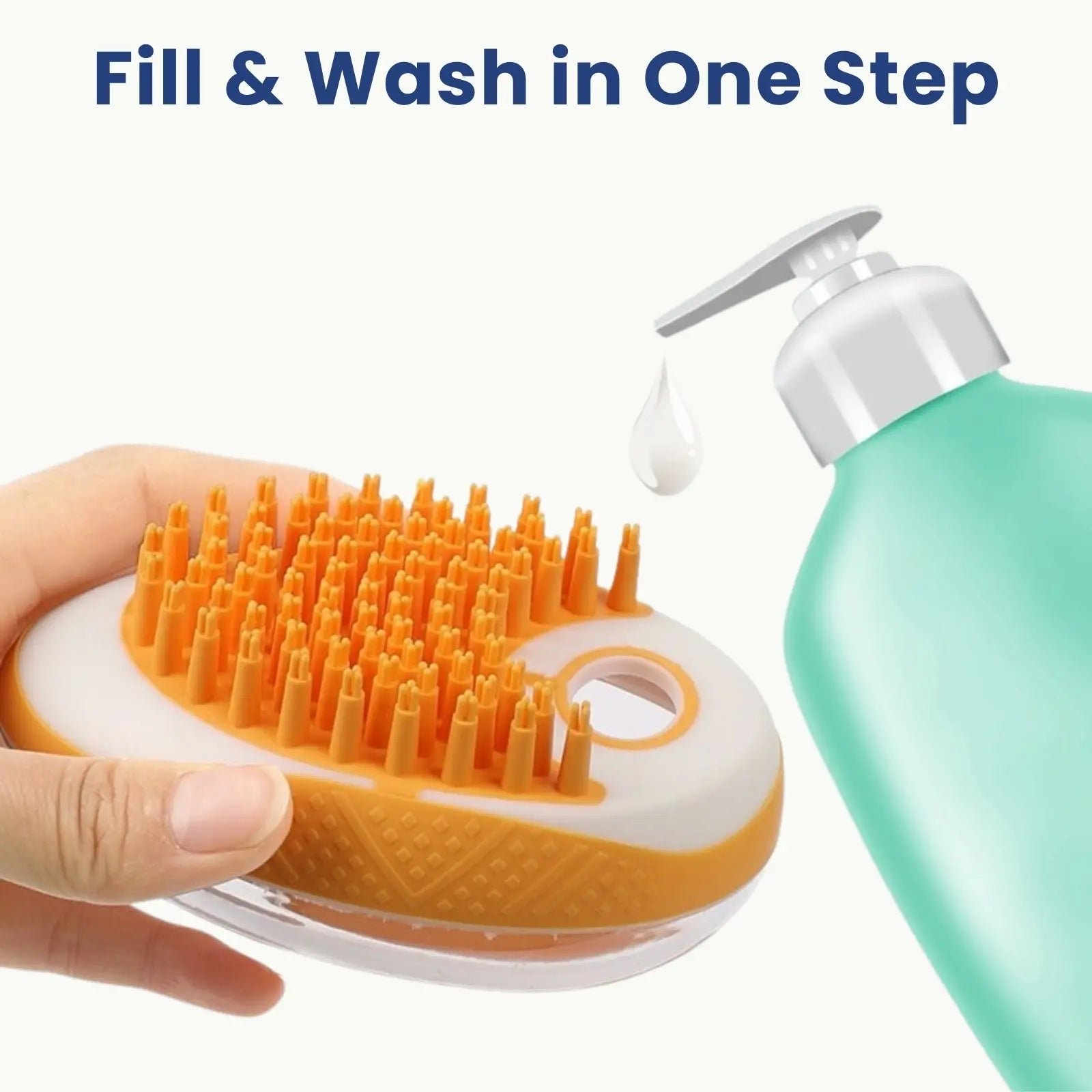 illing soap into LookPaw™ pet bath brush with shampoo dispenser design