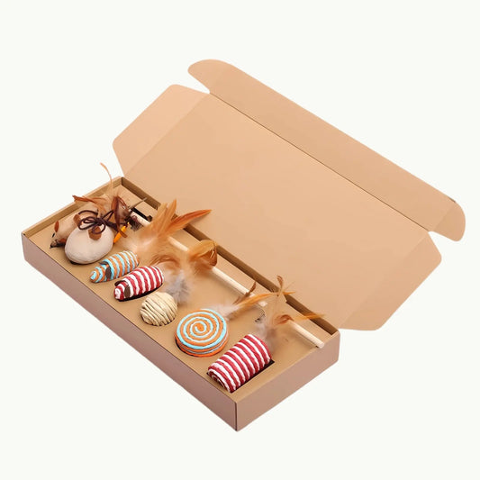 PurrPlay 7-piece cat toy set with feather mice and balls in gift box