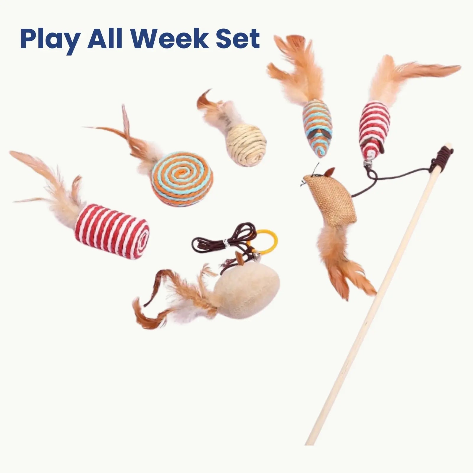 Cat toy set with 7 feather mice, cotton string balls and play toys