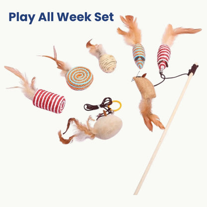 Cat toy set with 7 feather mice, cotton string balls and play toys
