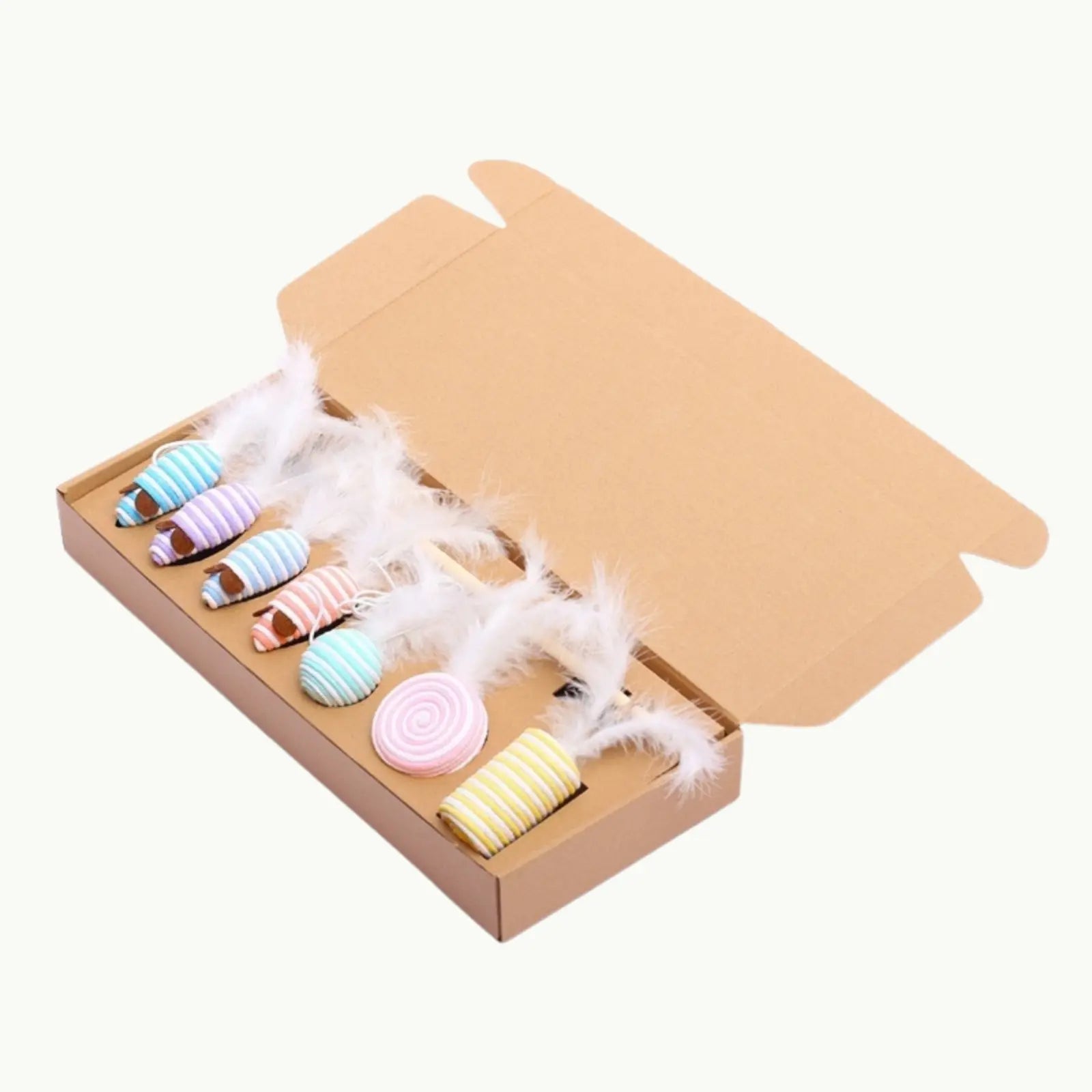 Pastel mix color 7-piece cat toy set with feather mice and rope balls