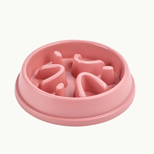 Pink LookPaw™ Non-Slip Slow Feeder Bowl filled with dry dog food