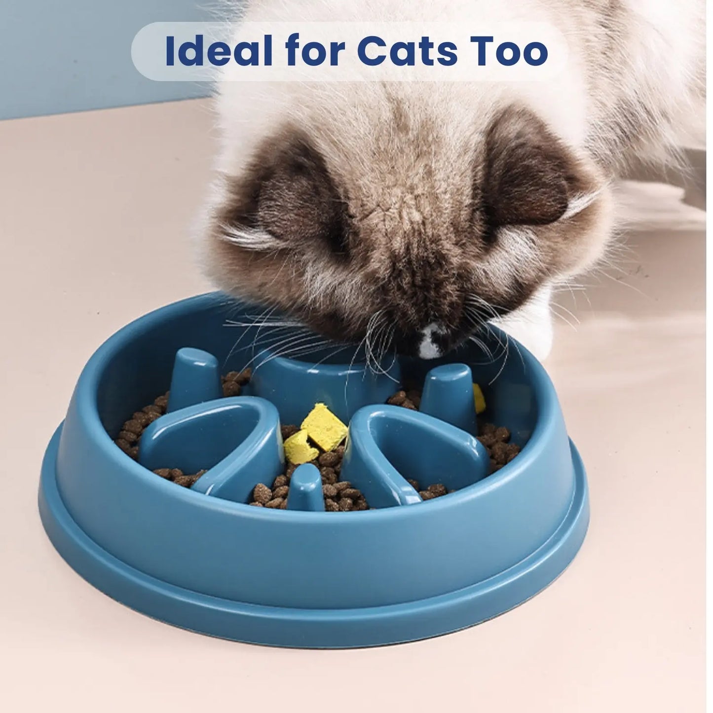 Cat eating from blue LookPaw™ Slow Feeder Bowl, non-slip design