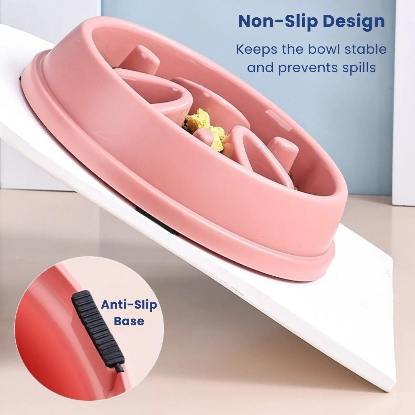 Pink slow feeder pet bowl with non-slip rubber base to prevent sliding