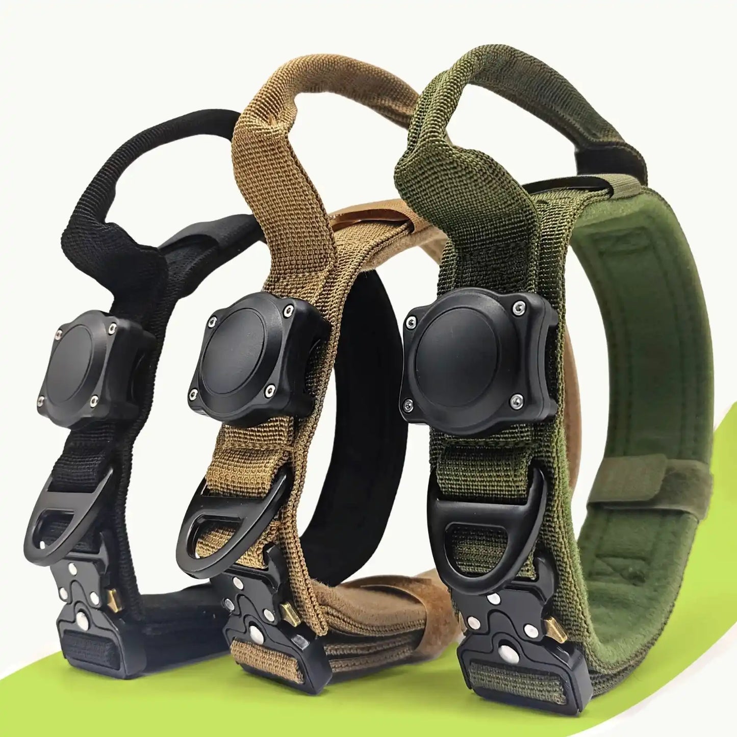 TrailGuard GPS-ready dog collars in military green, desert khaki, and midnight black colors