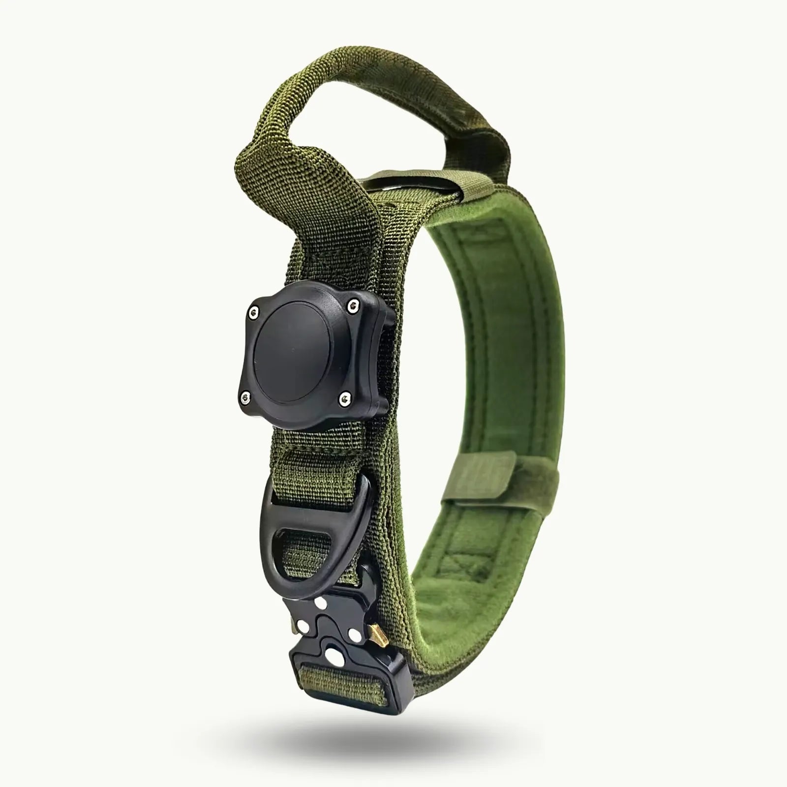 Military green TrailGuard GPS-ready tactical dog collar with buckle