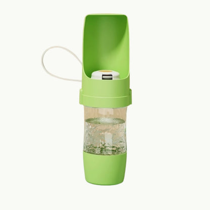 TravelSip pet water and food bottle in green with dual compartments