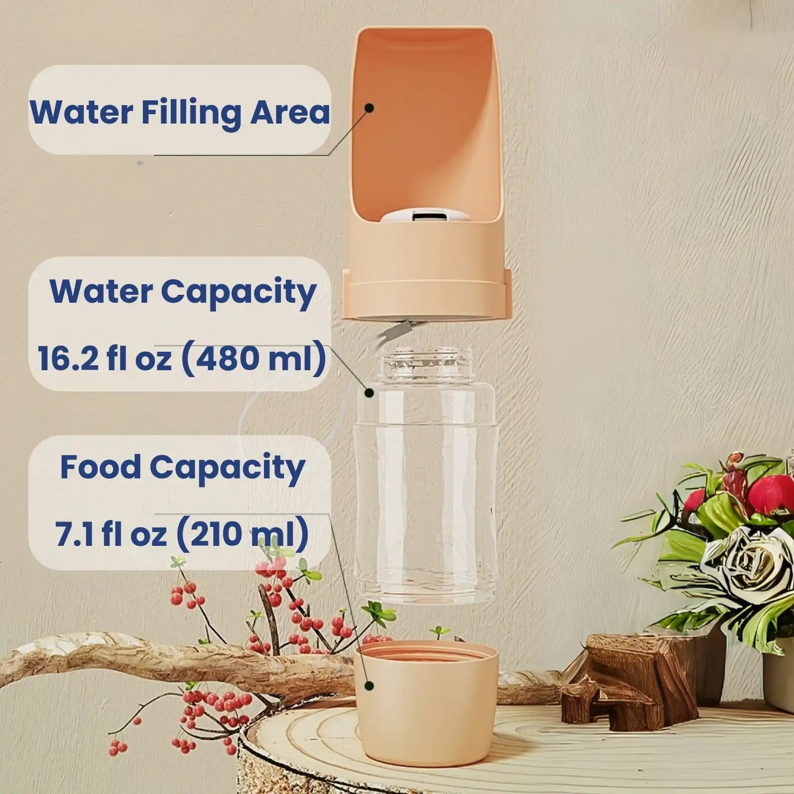 TravelSip pet bottle capacity chart with 480ml water and 210ml food
