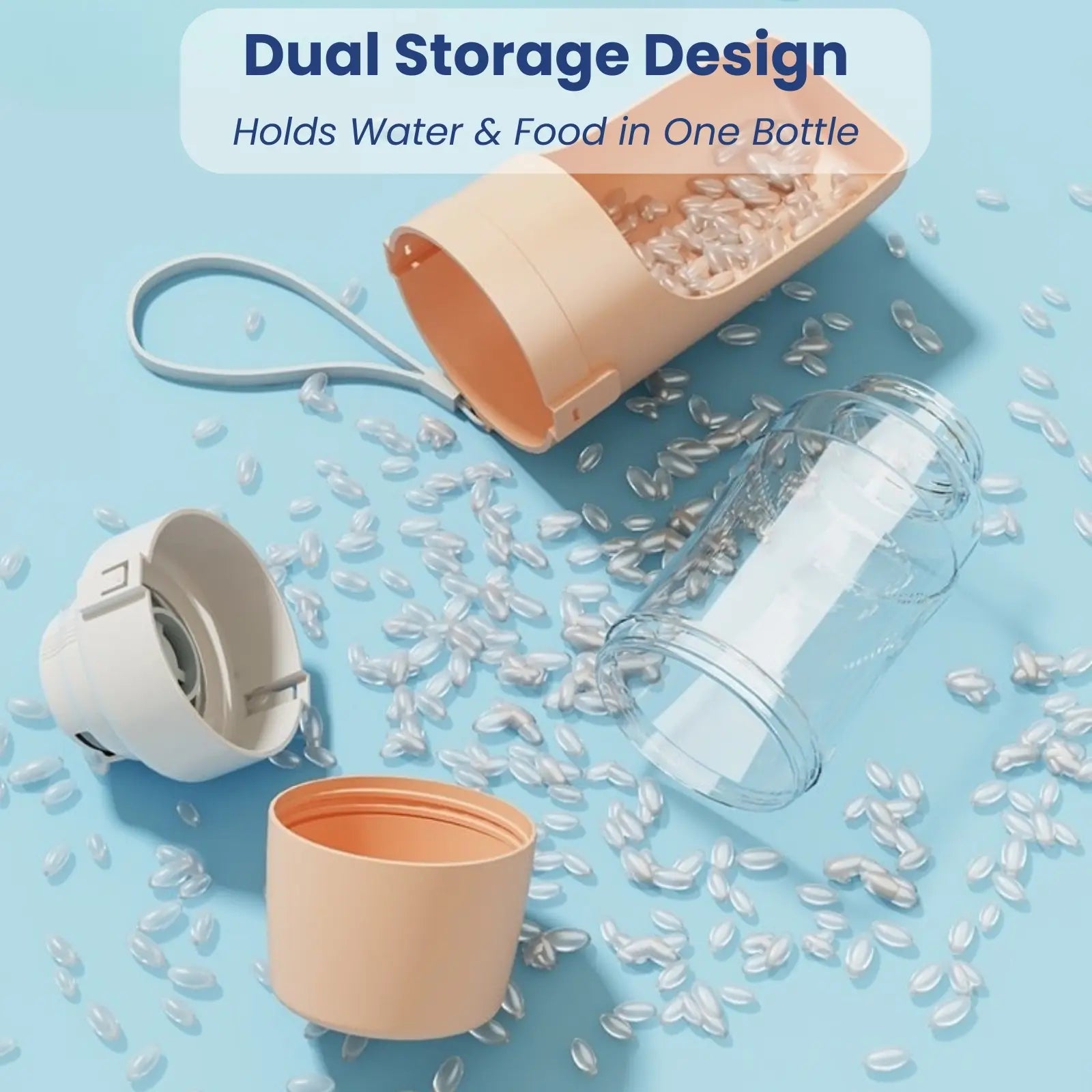 Dual storage TravelSip bottle holding water and food in one container