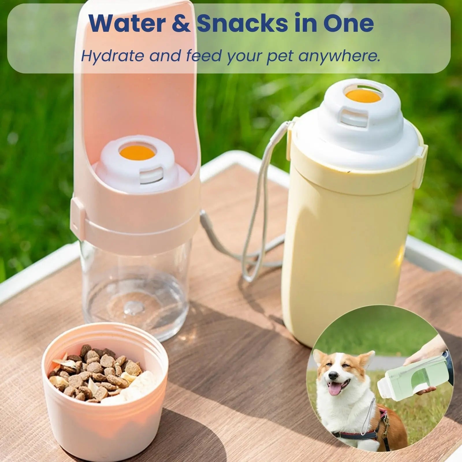 Pet drinking from TravelSip bottle outdoors with food compartment