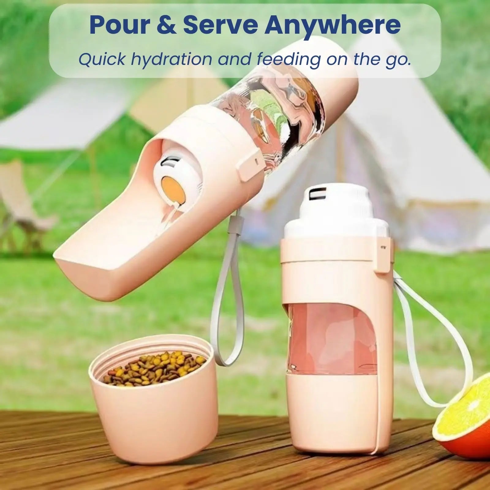 TravelSip pet water and food bottle pouring water and snacks